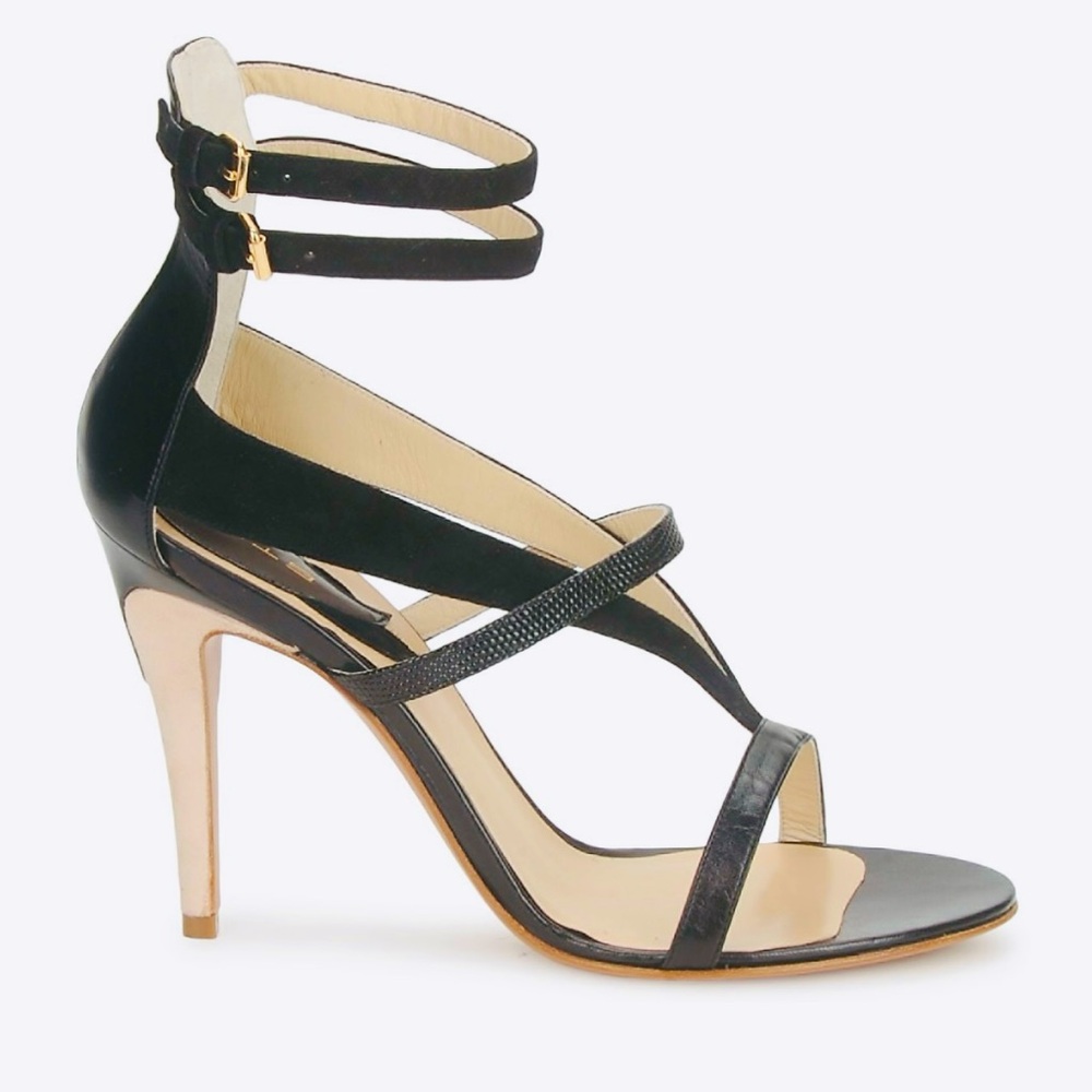 ETRO Black Leather Strappy Sandals Heels Sz 39 Euro Cat Walk